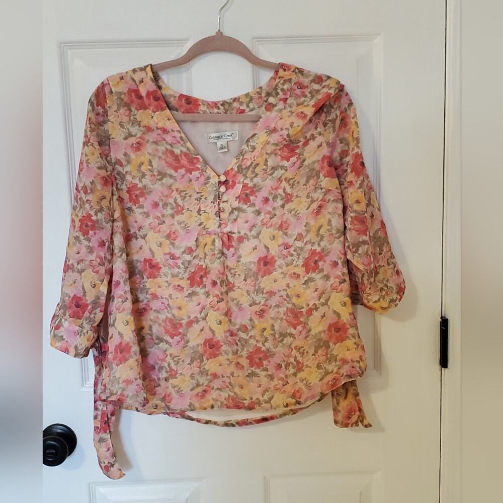 Coldwater Creek V Neck Floral Button Blouse Romantic 3/4 Sleeve Petite L Garden
